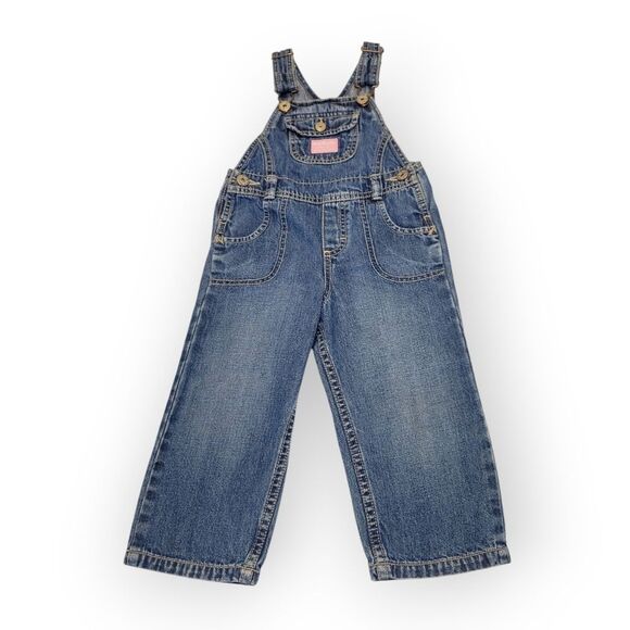 Oshkosh Vestbak Denim Blue Jean Kids Overalls Girls Pink Accents Size 2T - Picture 2 of 15